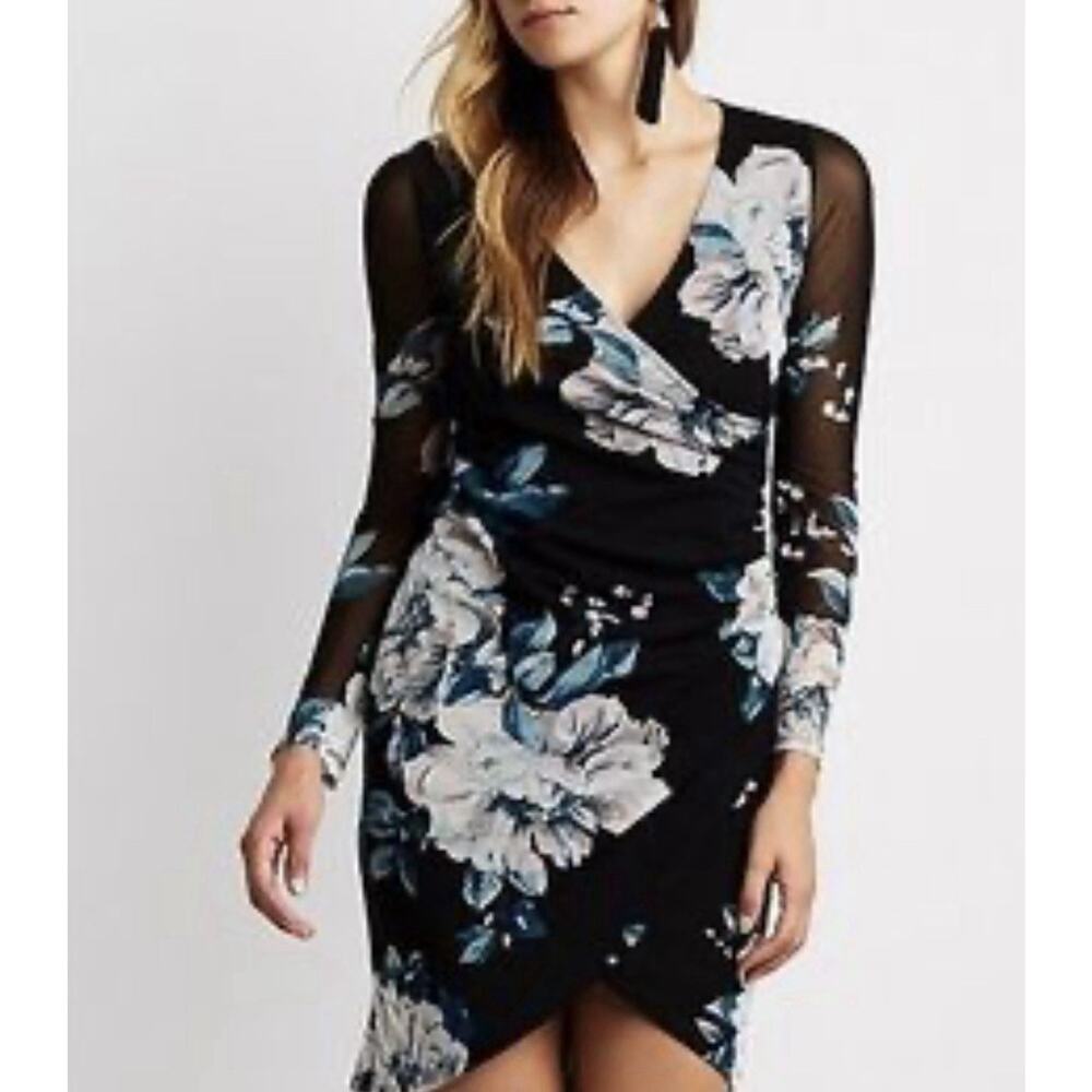 Vintage Y2K Charlotte Russe Floral Wrap Mini Dress Black Mesh  Whimsigoth Size M